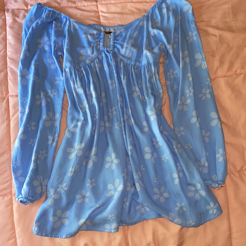 Baby blue American Eagle long sleeve, flowy, off the shoulder dress